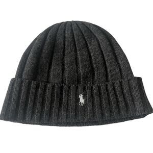 Polo Ralph Lauren Beanie Hat Unisex Men's Gray Wool Blend Ribbed Knit Black OS